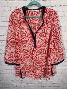 Susan Graver Womens Sheer Floral 3/4 Sleeve Top Red Blue Sz 3X Sheer Lighweight